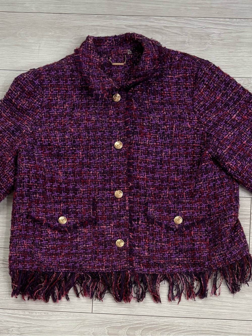 Chico's Plum & Violet Tweed Fringe Jacket with Gold Buttons 3XL